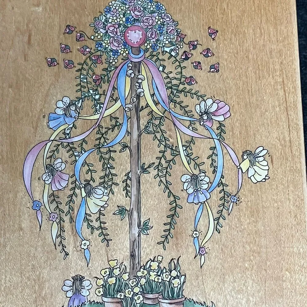 Stamps Happen Large Maypole Rubber Stamp Linda Grayson Flowers Spring Ribbons